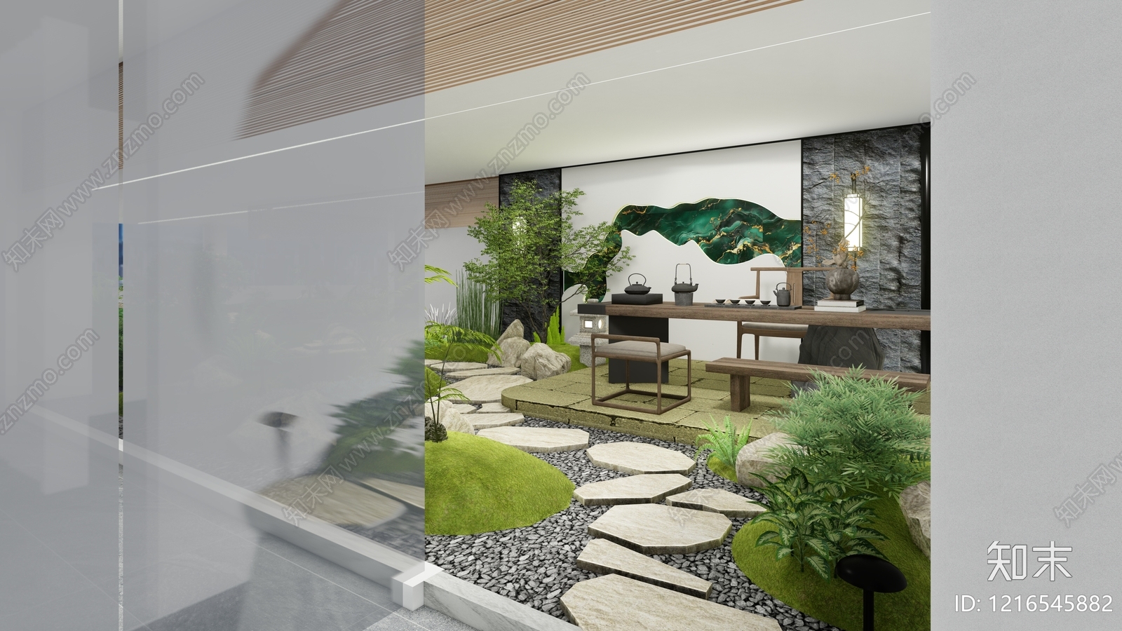 新中式室内景观SU模型下载【ID:1216545882】
