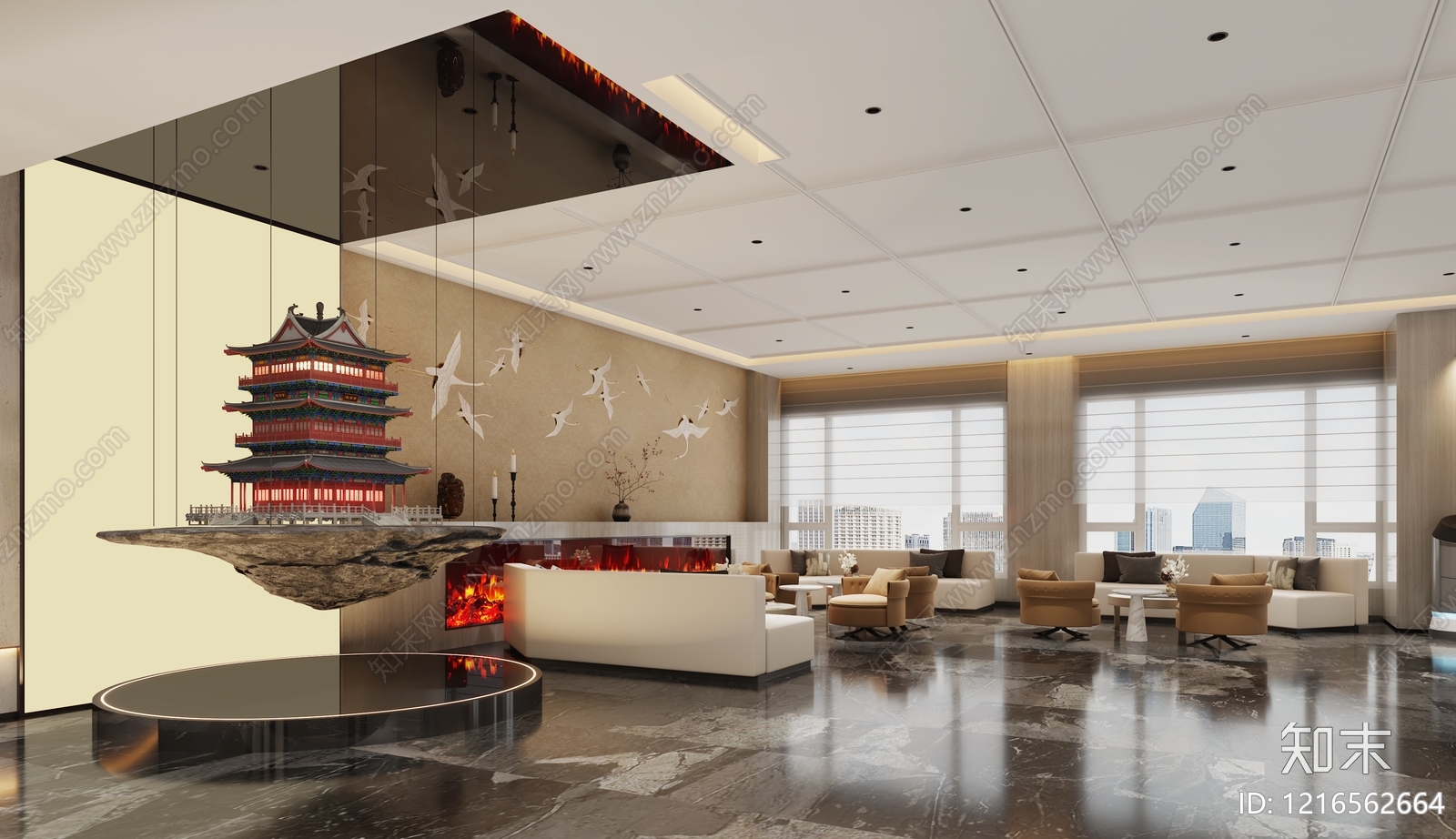 新中式酒店大堂3D模型下载【ID:1216562664】