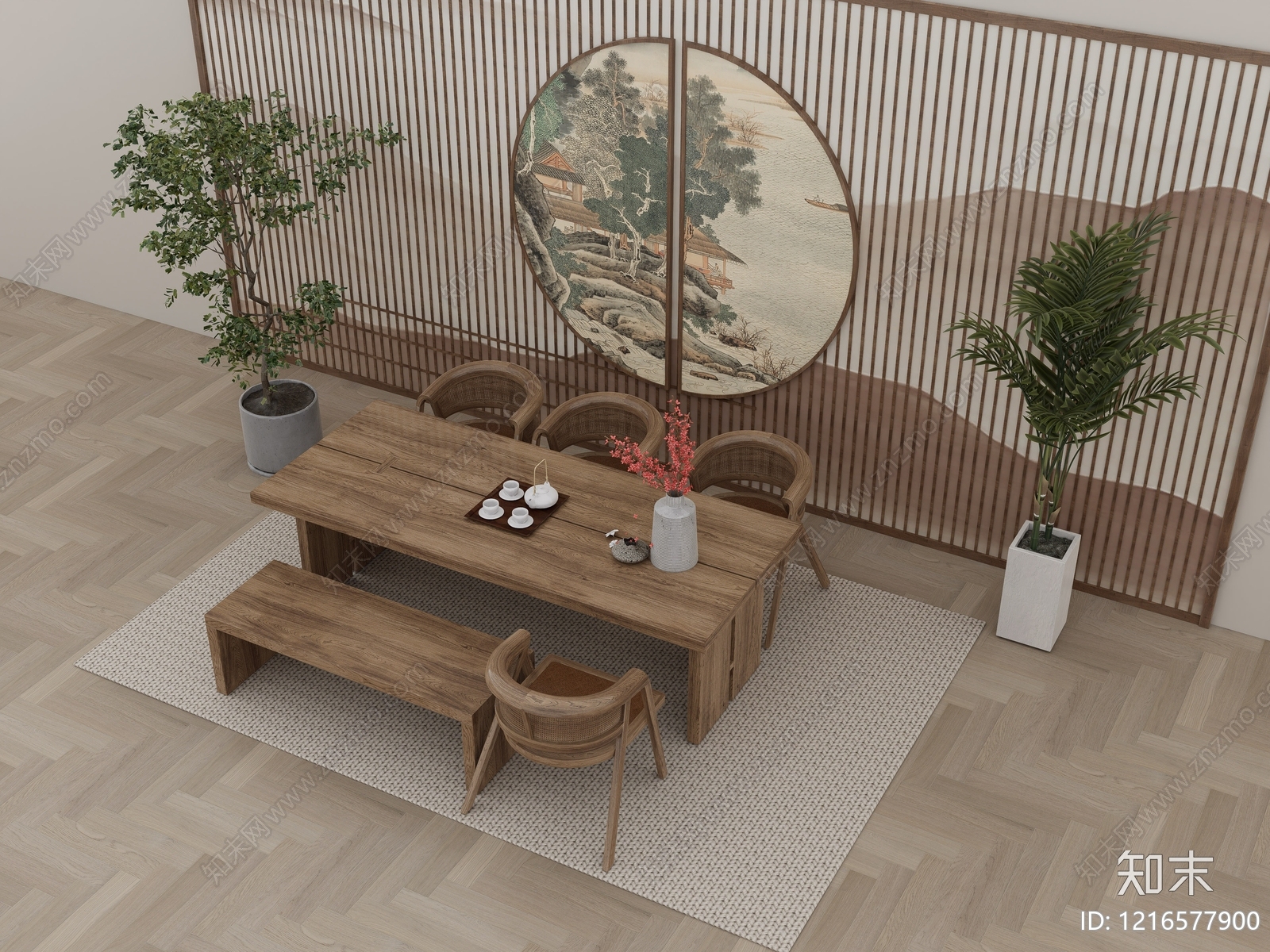 新中式餐桌椅SU模型下载【ID:1216577900】