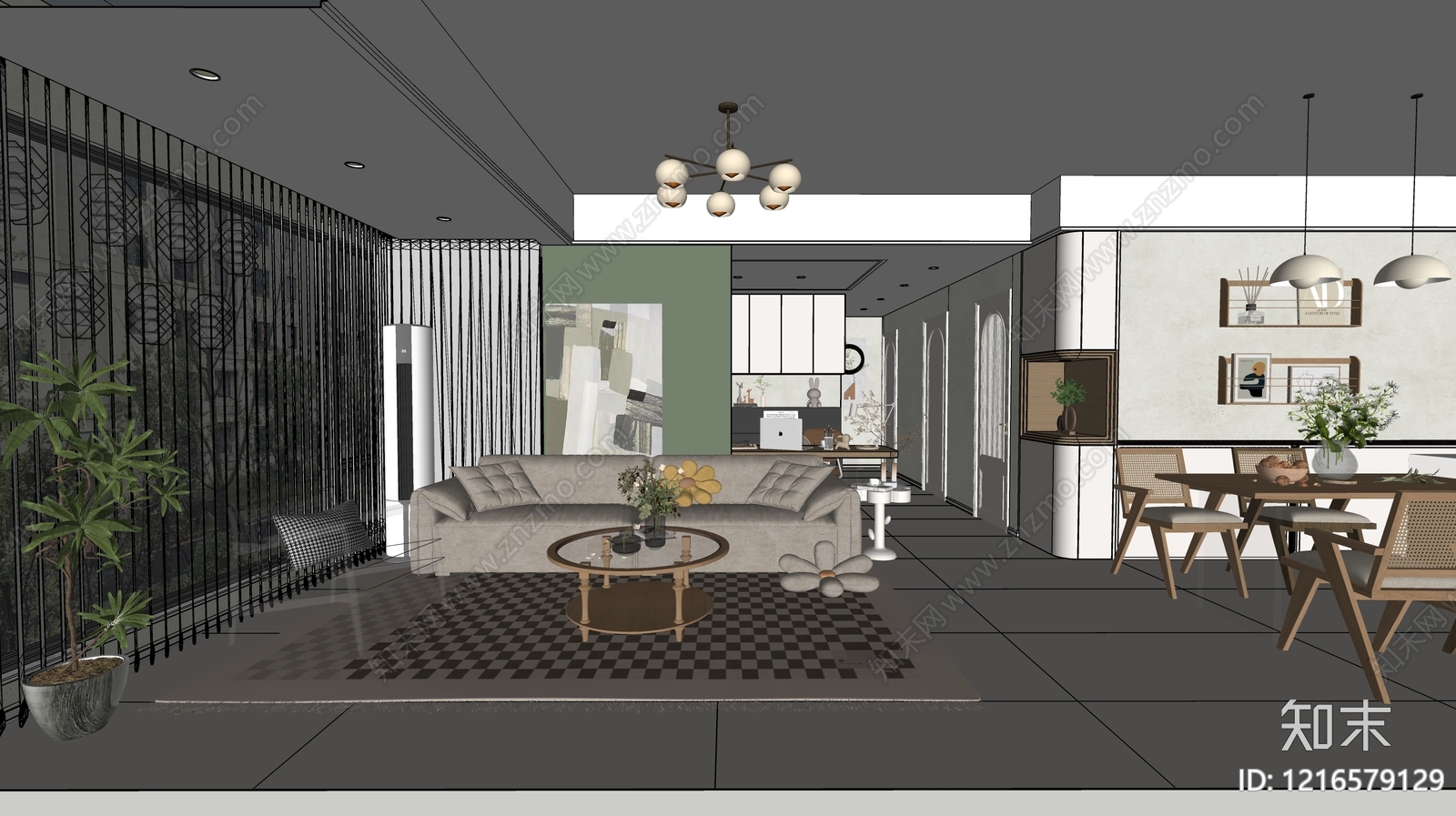 现代客餐厅SU模型下载【ID:1216579129】