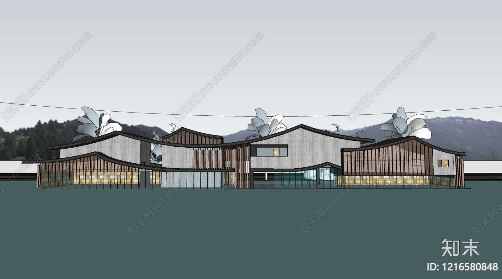 新中式售楼处建筑SU模型下载【ID:1216580848】