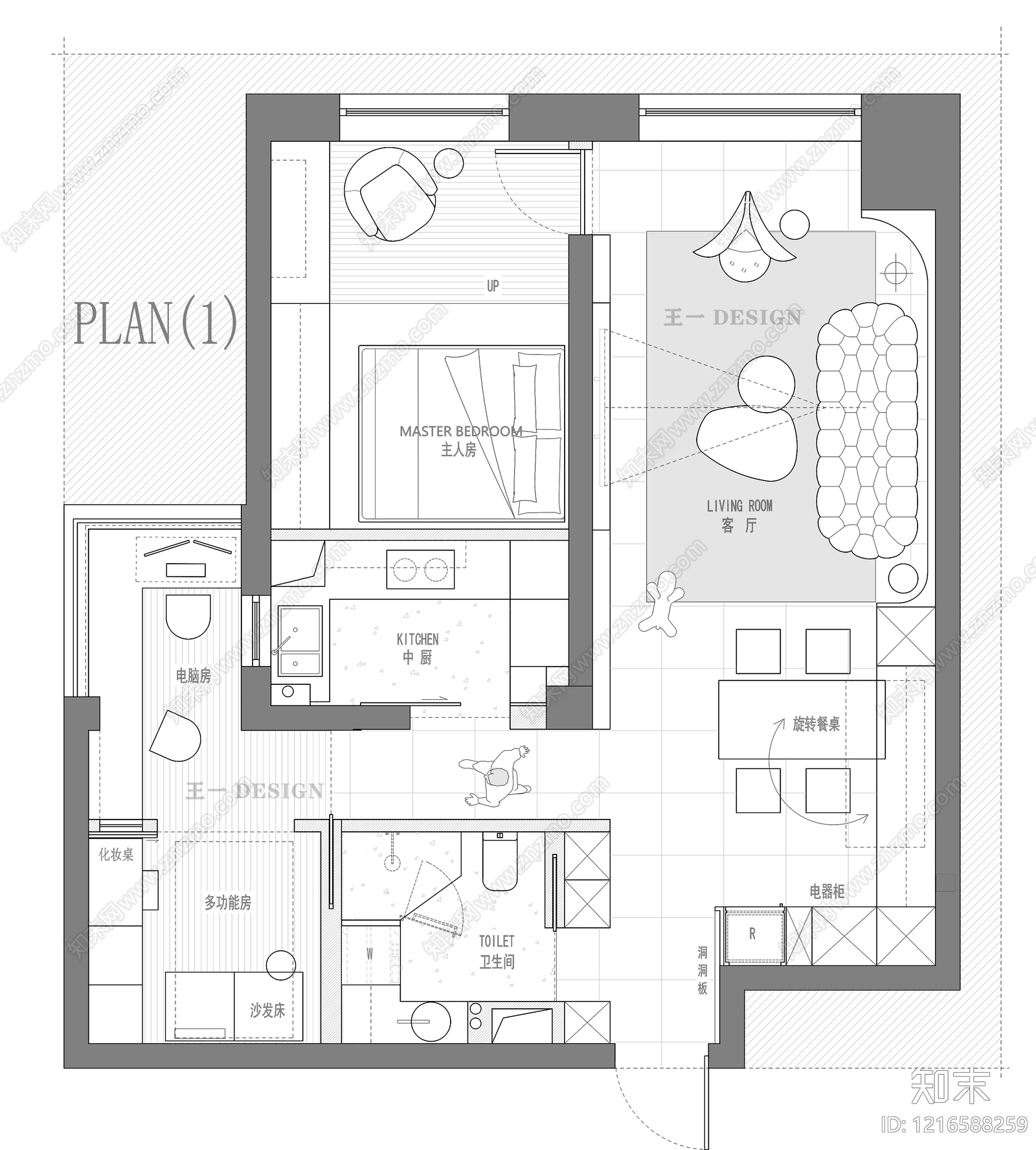 小户型平层cad施工图下载【ID:1216588259】
