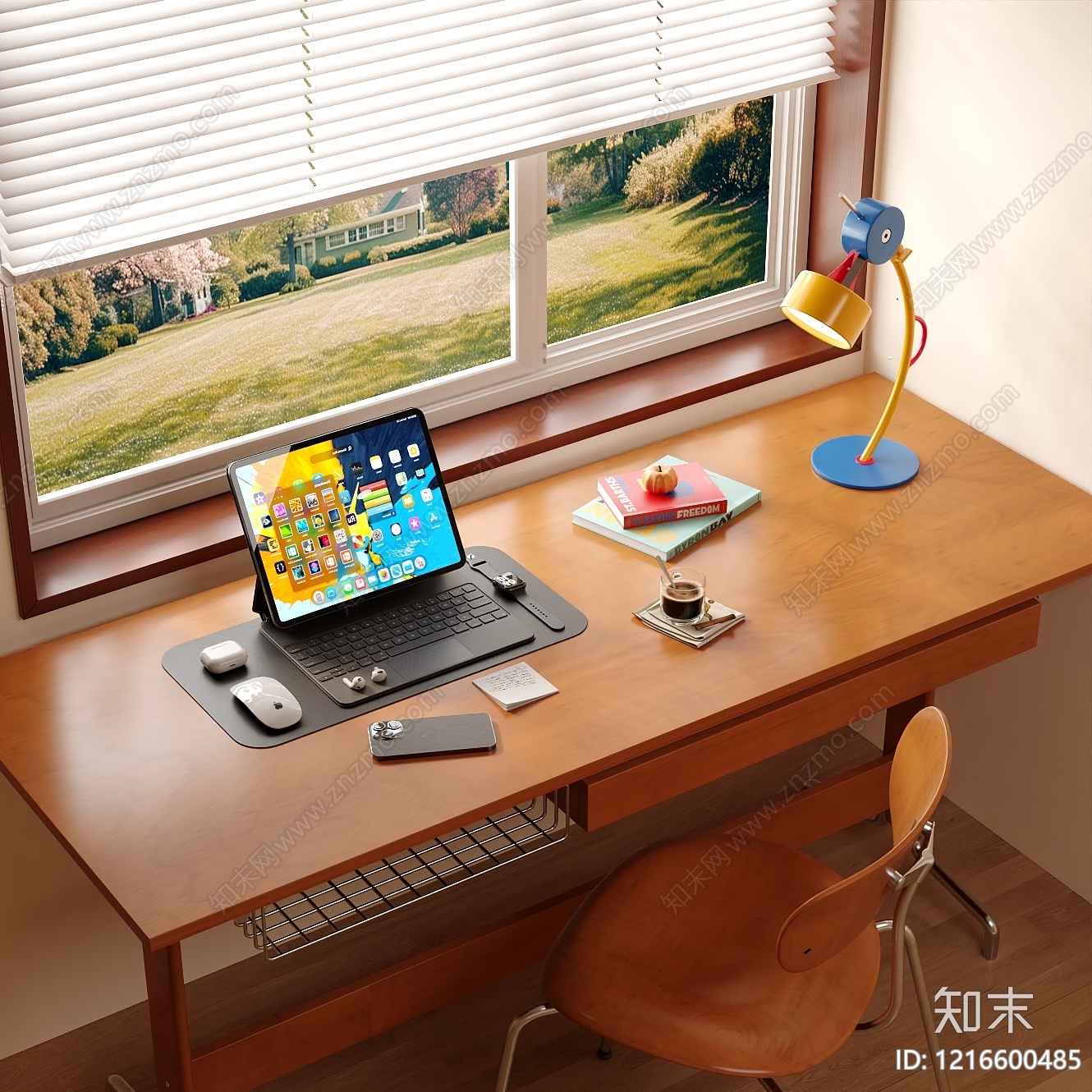 原木风书桌椅3D模型渲染效果图