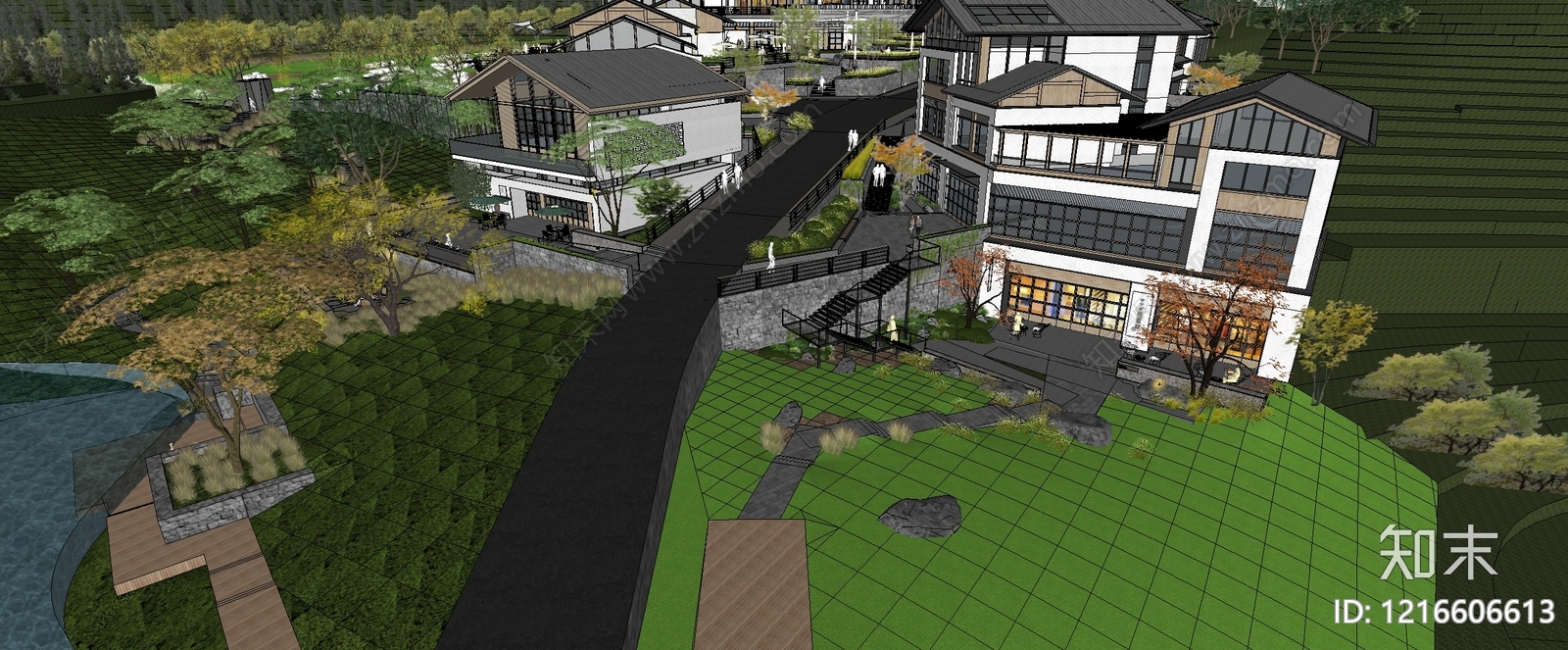 新中式民宿建筑SU模型下载【ID:1216606613】