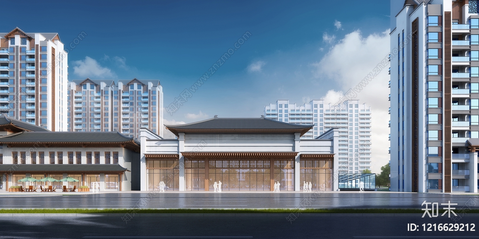 新中式售楼处外观3D模型渲染效果图