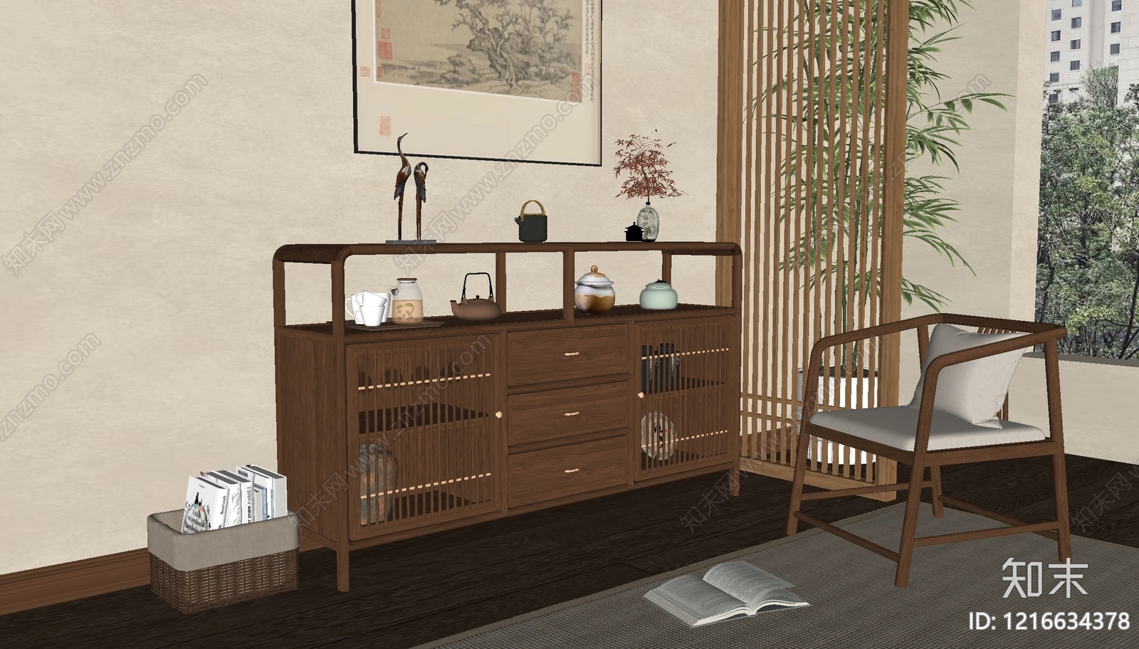 新中式餐边柜SU模型下载【ID:1216634378】