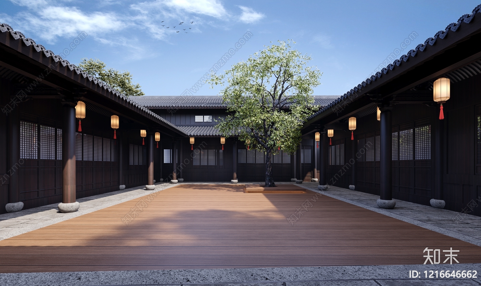 新中式四合院3D模型渲染效果图