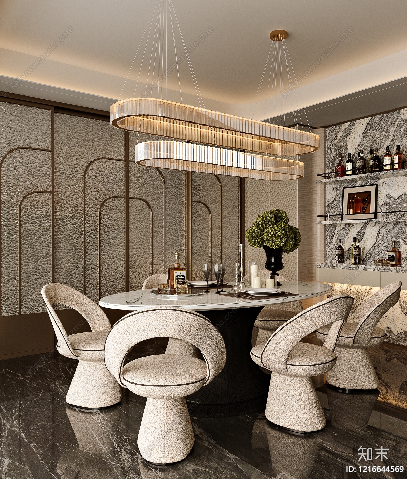 现代轻奢别墅餐厅3D模型下载【ID:1216644569】