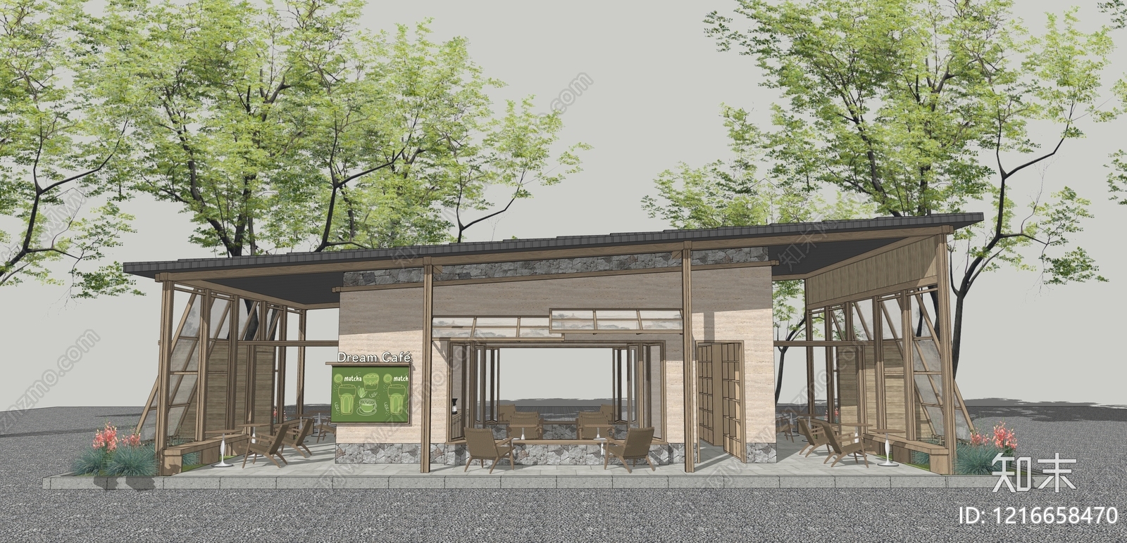 新中式餐饮建筑SU模型下载【ID:1216658470】