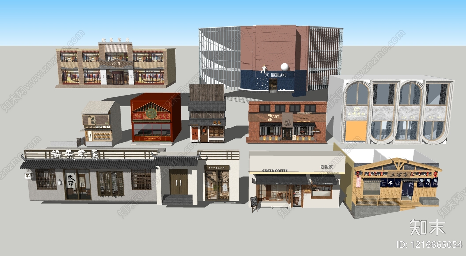 新中式店铺门头建筑SU模型下载【ID:1216665054】