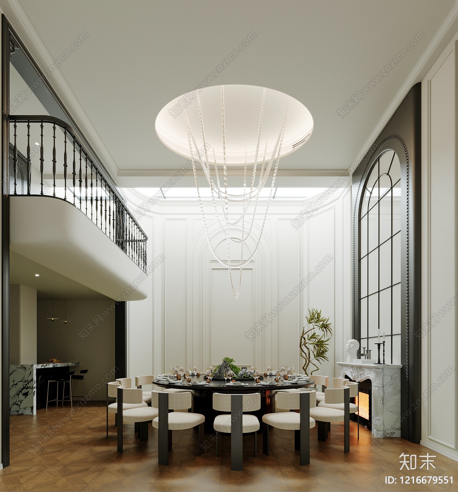 现代法式别墅餐厅3D模型下载【ID:1216679551】