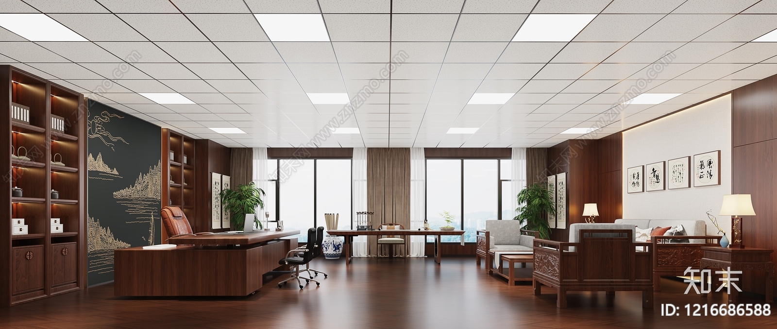 新中式董事长办公室3D模型下载【ID:1216686588】
