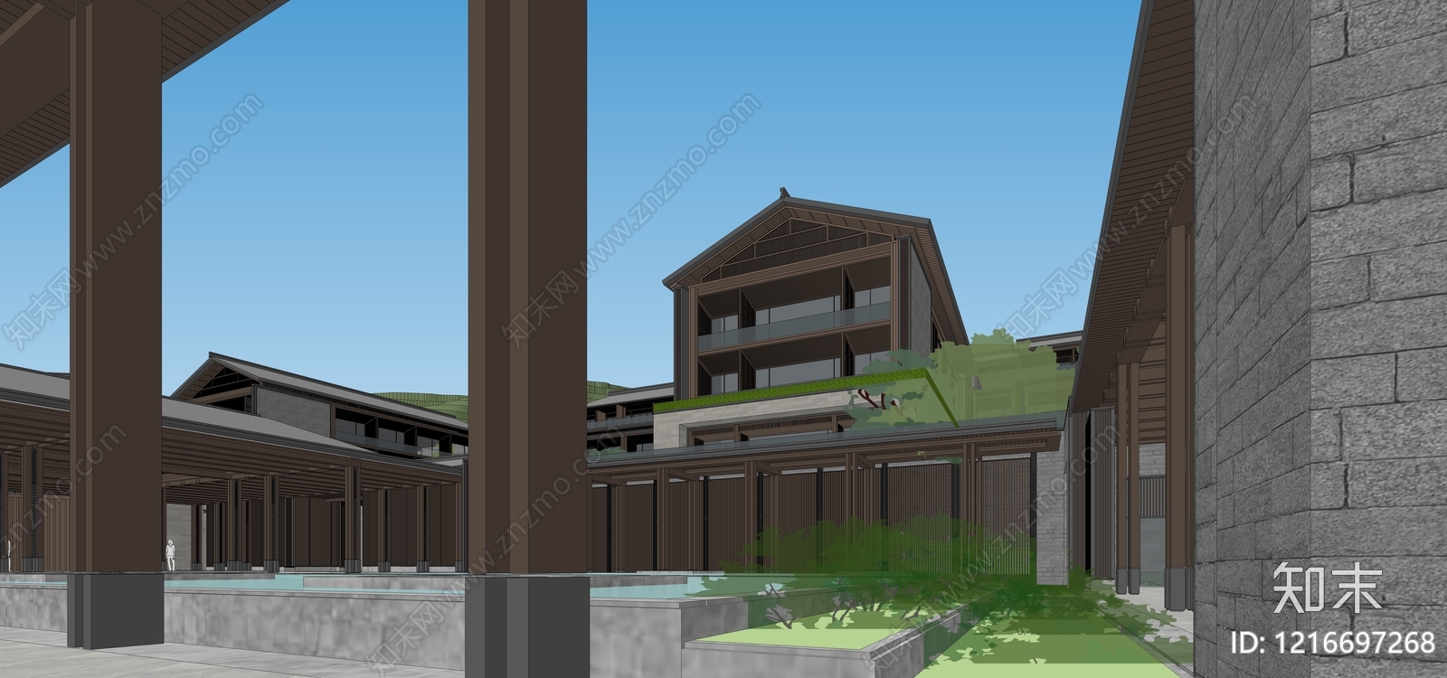 新中式酒店建筑SU模型下载【ID:1216697268】