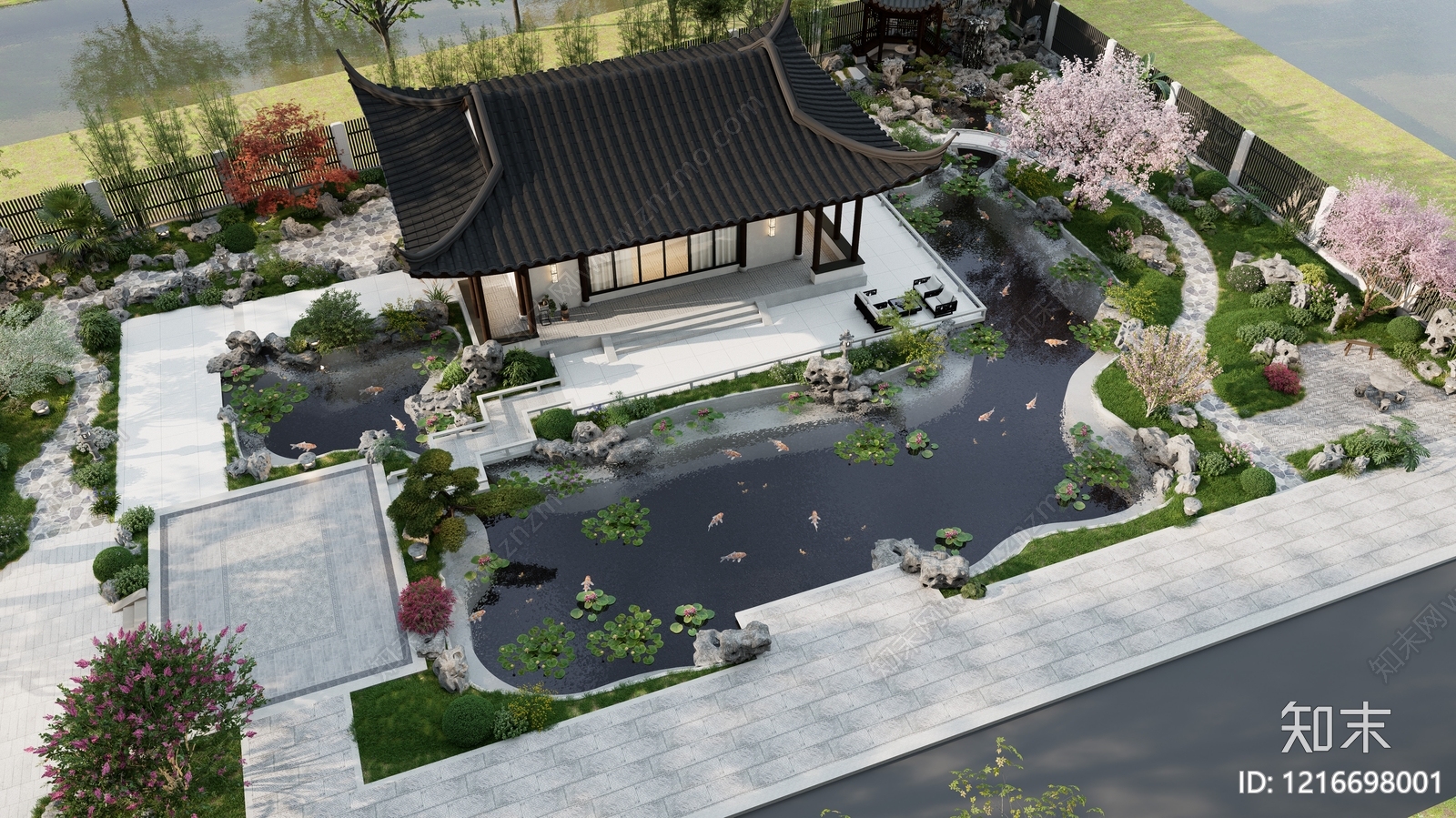 新中式景观别墅庭院SU模型下载【ID:1216698001】