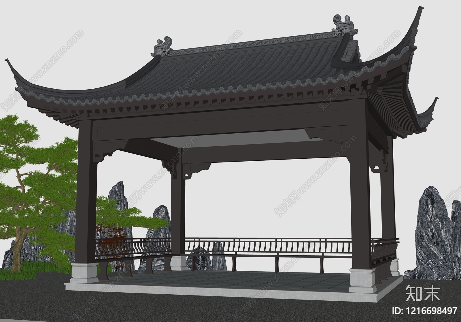新中式古建筑SU模型下载【ID:1216698497】