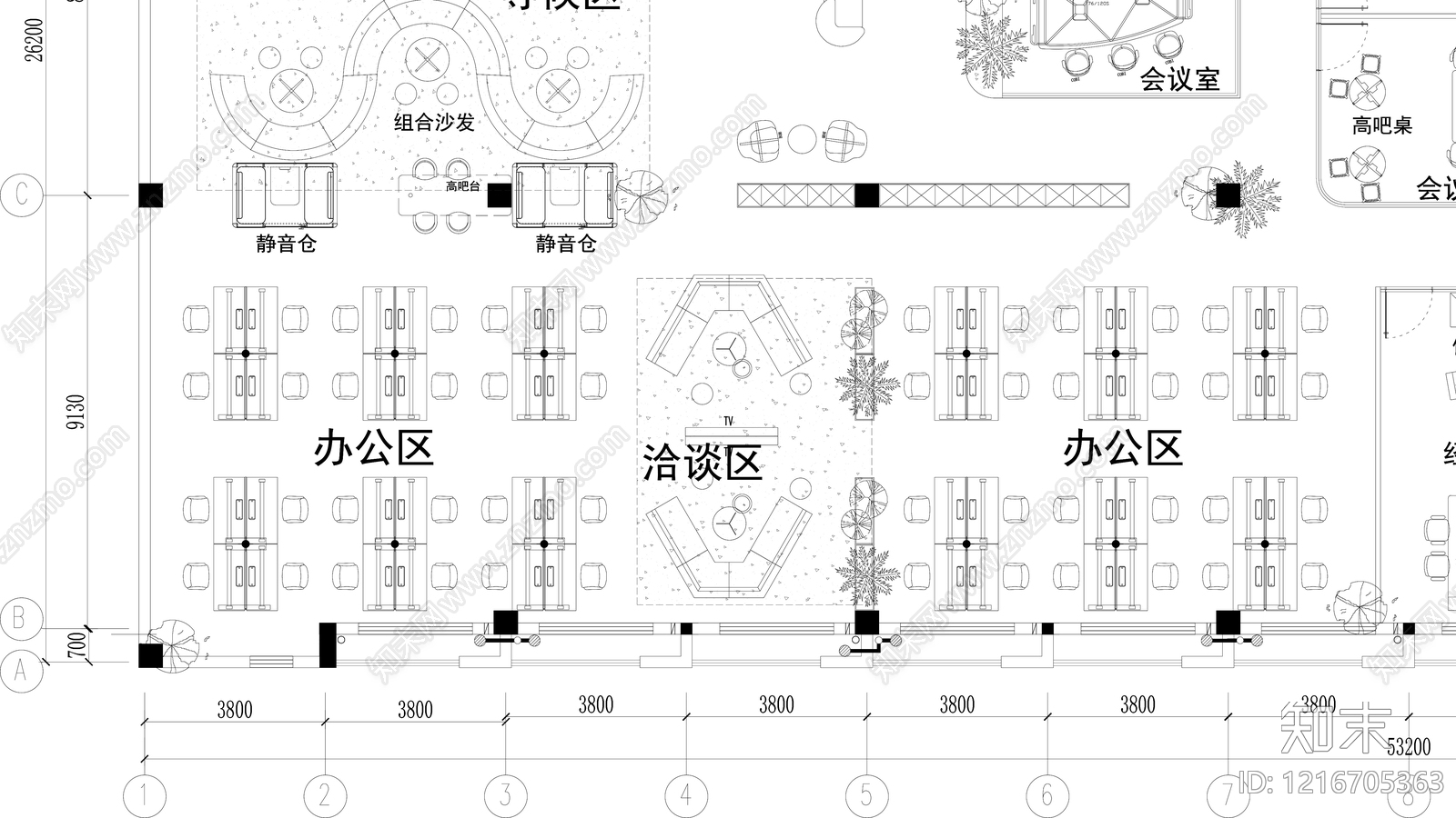 现代开放办公室cad施工图下载【ID:1216705363】