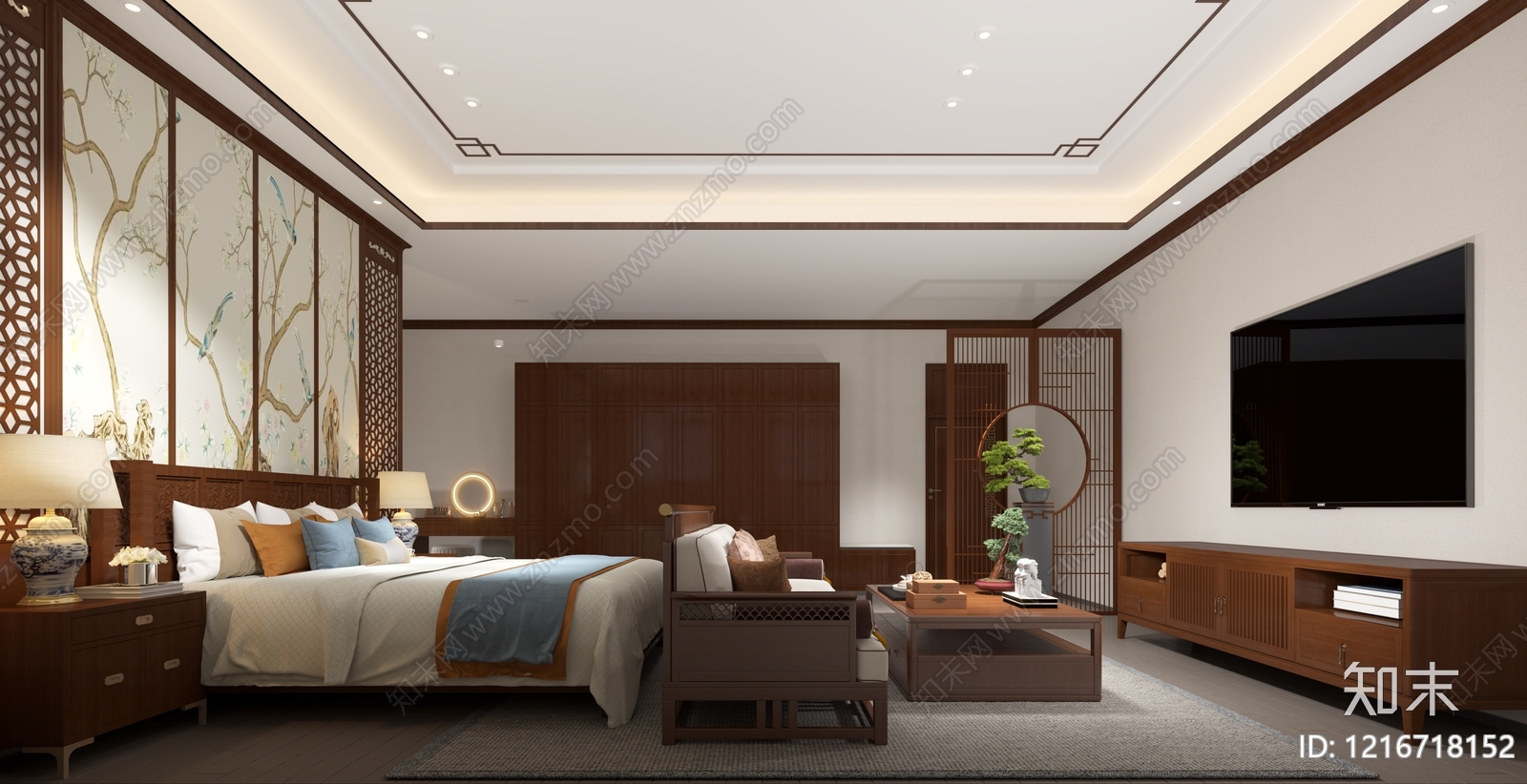新中式主卧3D模型下载【ID:1216718152】