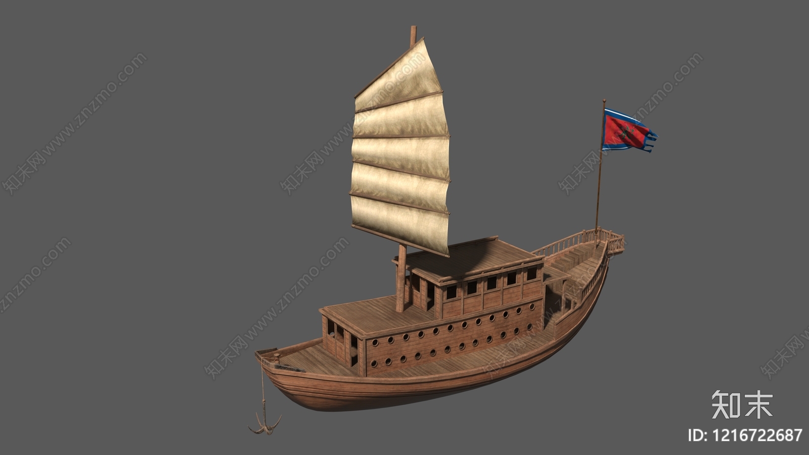 中式古船风格船3D模型渲染效果图
