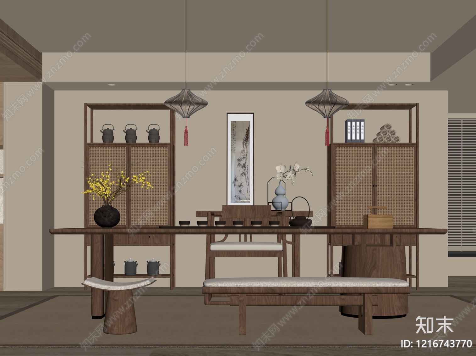 新中式茶室SU模型下载【ID:1216743770】