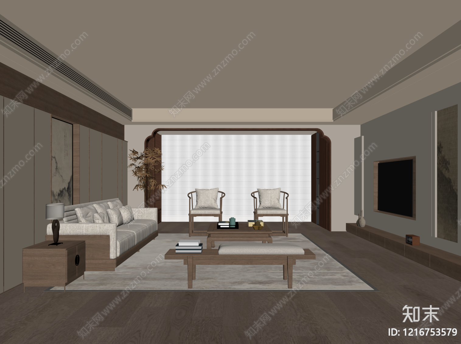 新中式家居客厅SU模型下载【ID:1216753579】