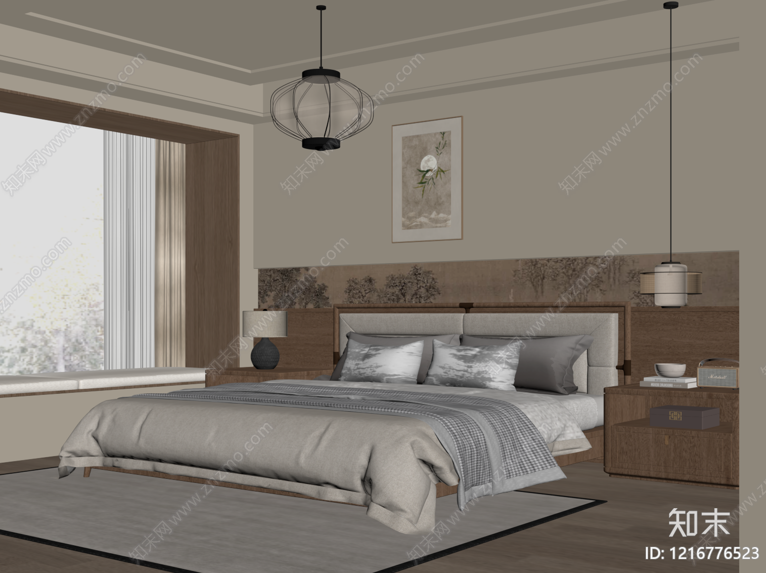 新中式主卧SU模型下载【ID:1216776523】
