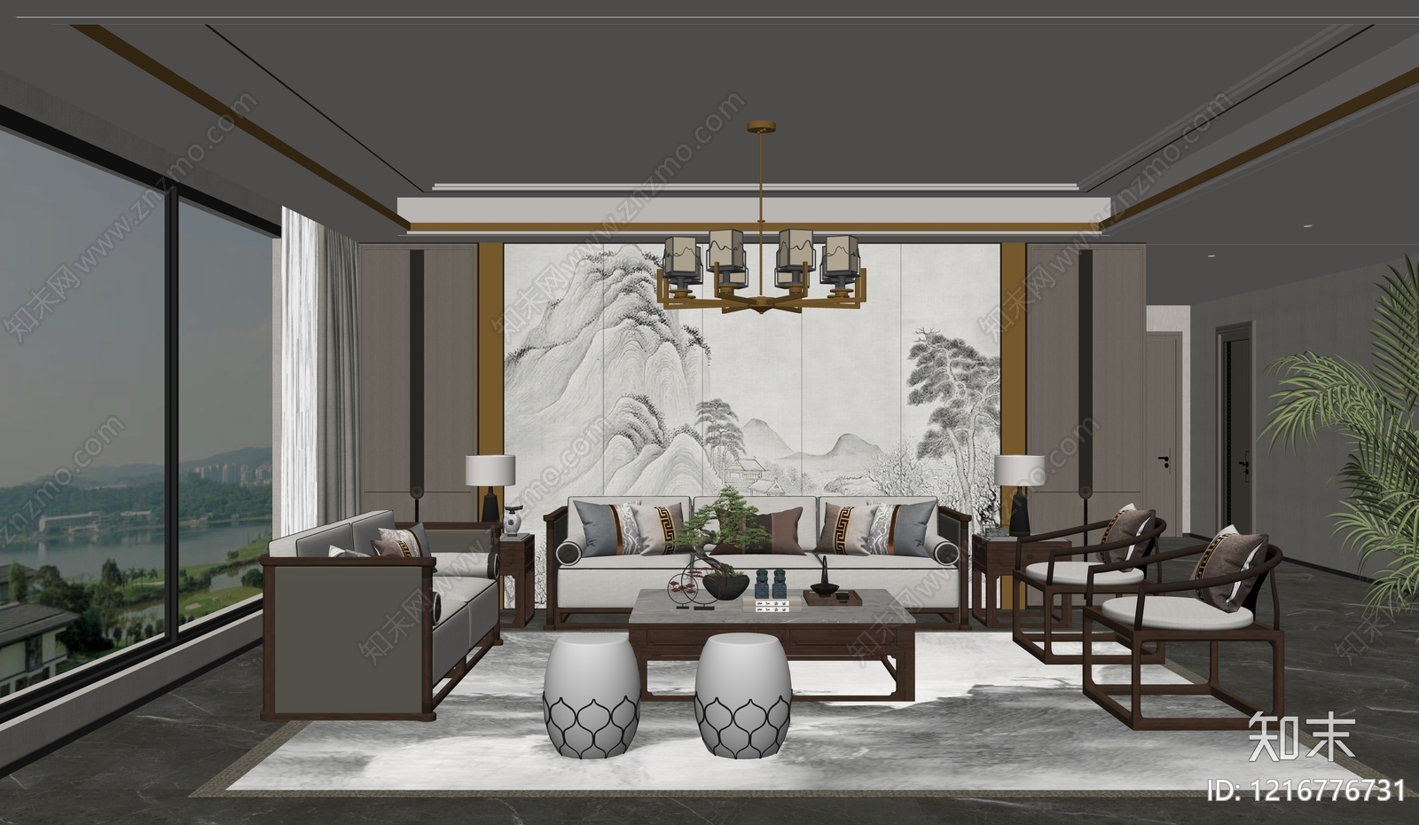 新中式别墅客厅SU模型下载【ID:1216776731】