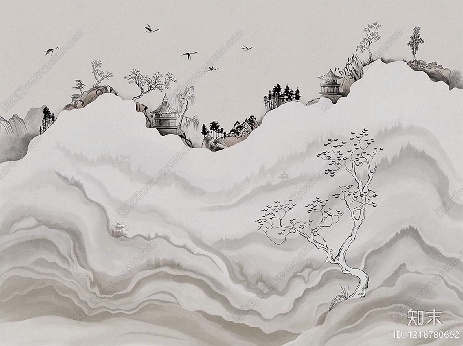 新中式壁画贴图下载【ID:1216780692】