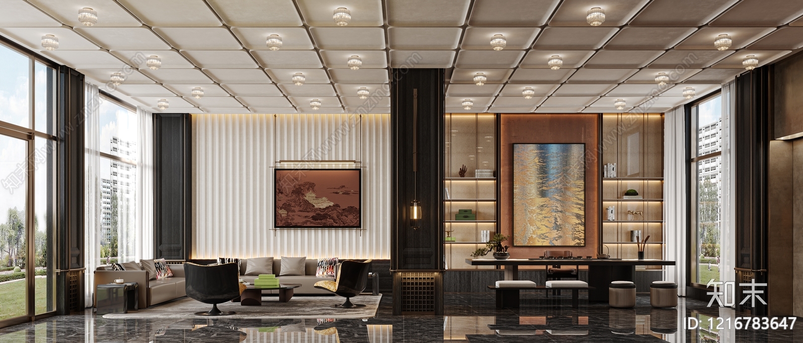 新中式酒店大堂3D模型下载【ID:1216783647】