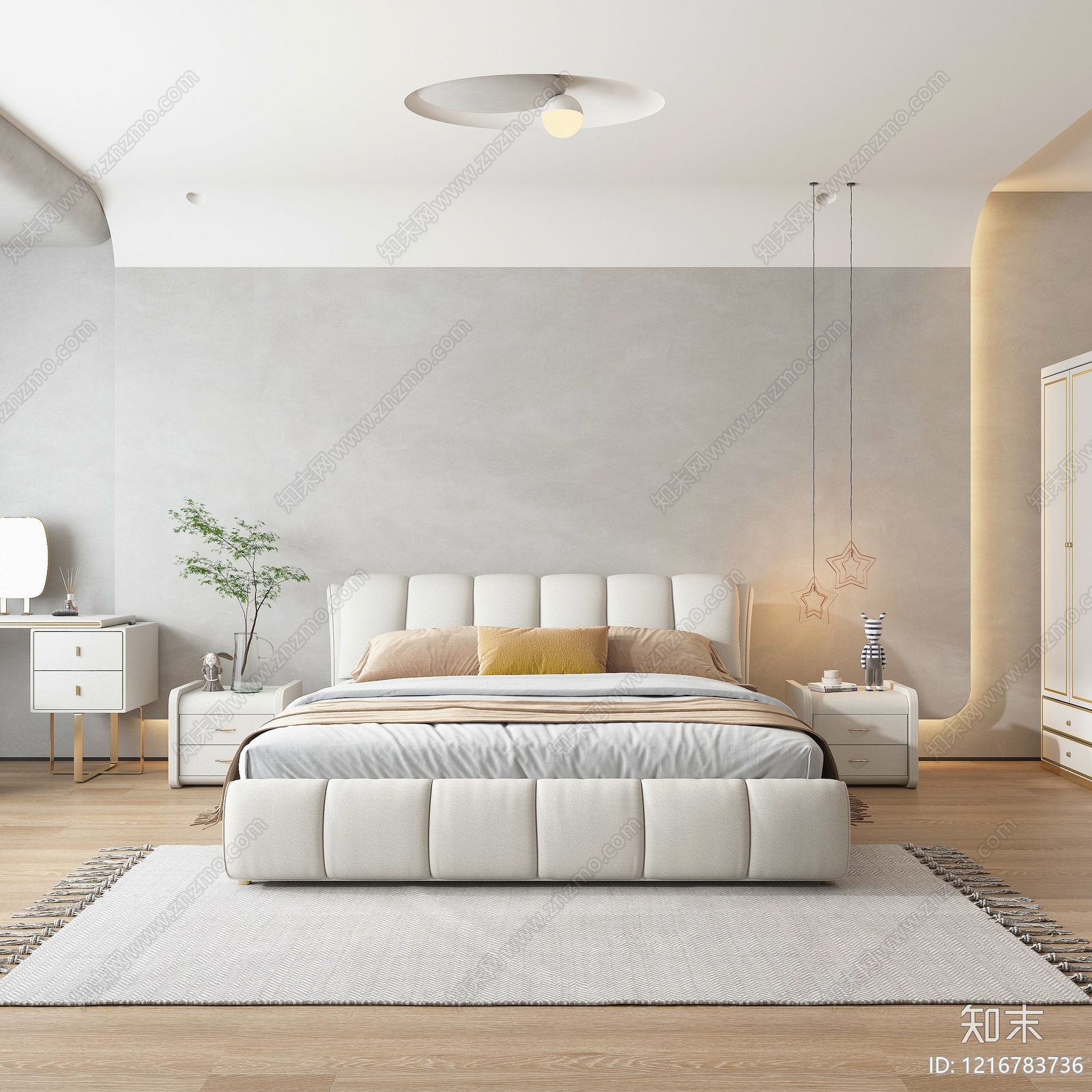 奶油风双人床3D模型下载【ID:1216783736】