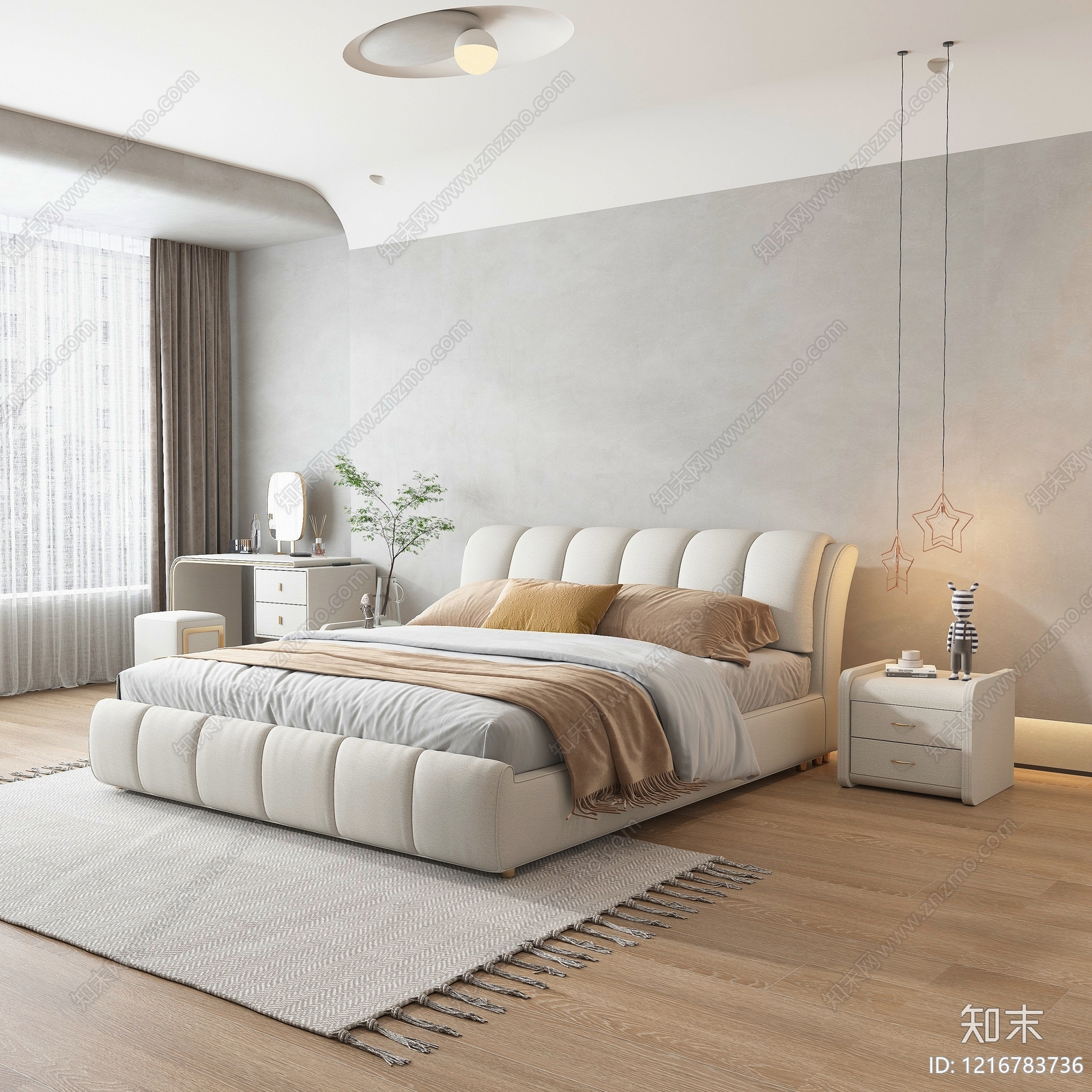 奶油风双人床3D模型下载【ID:1216783736】