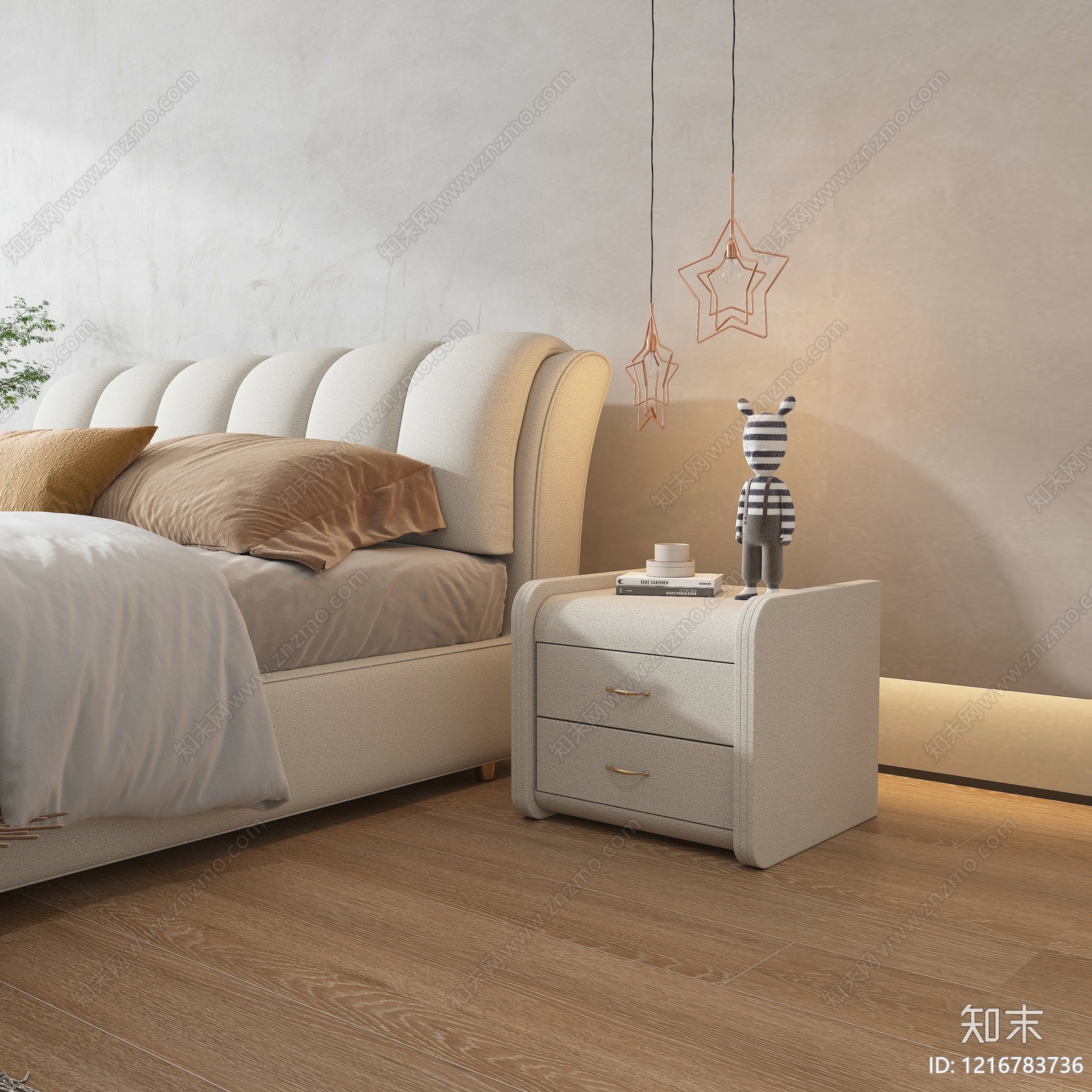 奶油风双人床3D模型下载【ID:1216783736】