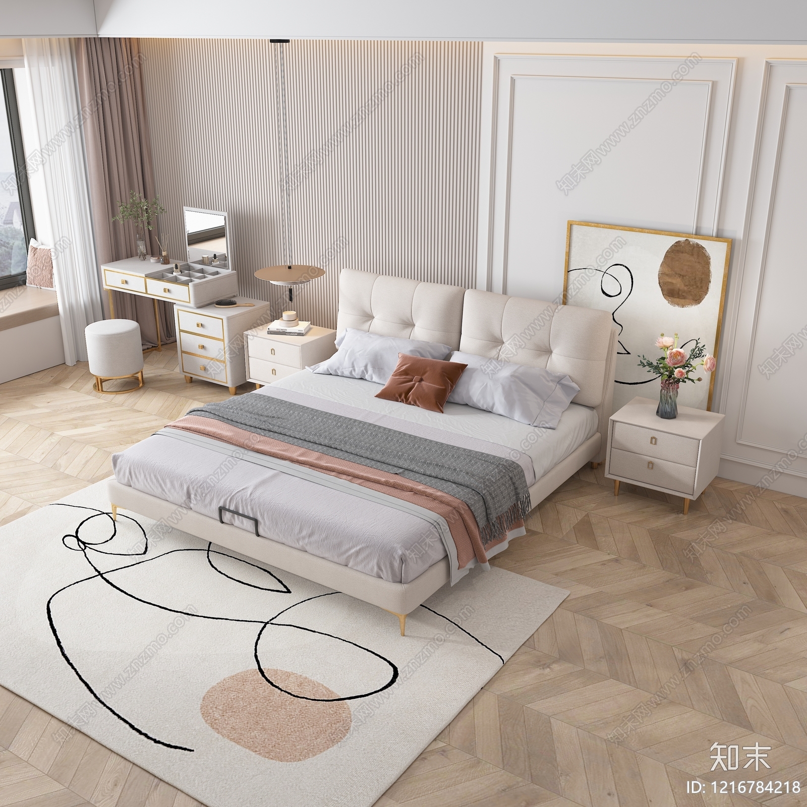 奶油风主卧3D模型下载【ID:1216784218】
