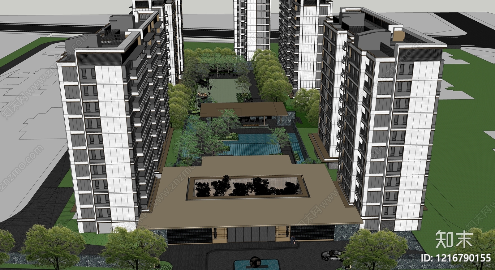 现代轻奢小区建筑SU模型下载【ID:1216790155】