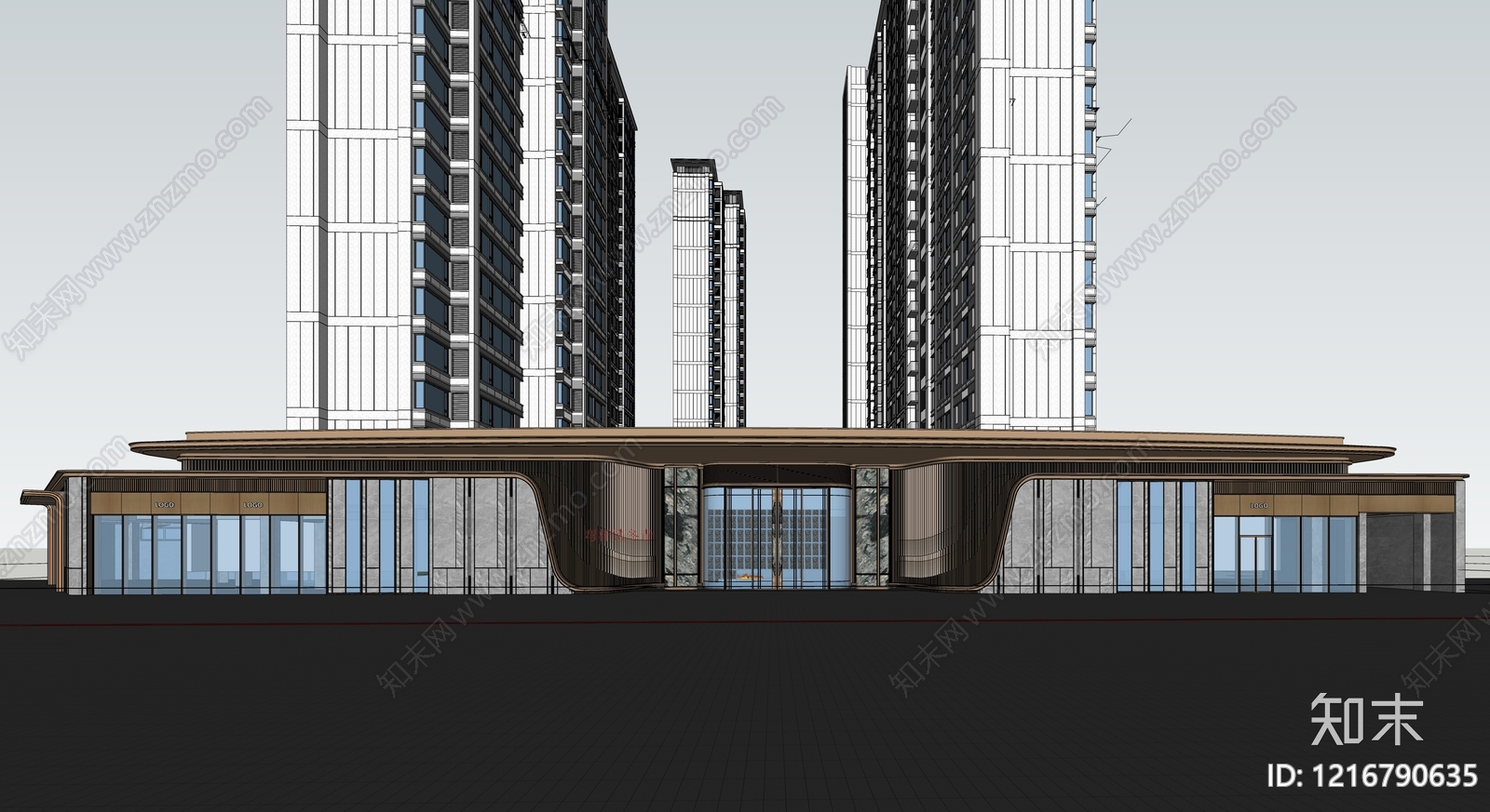新中式售楼处建筑SU模型下载【ID:1216790635】
