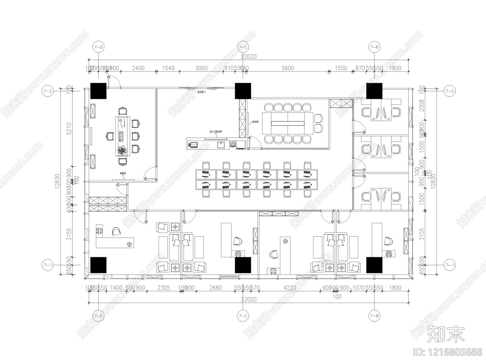 奶油现代整体办公空间施工图下载【ID:1216805688】
