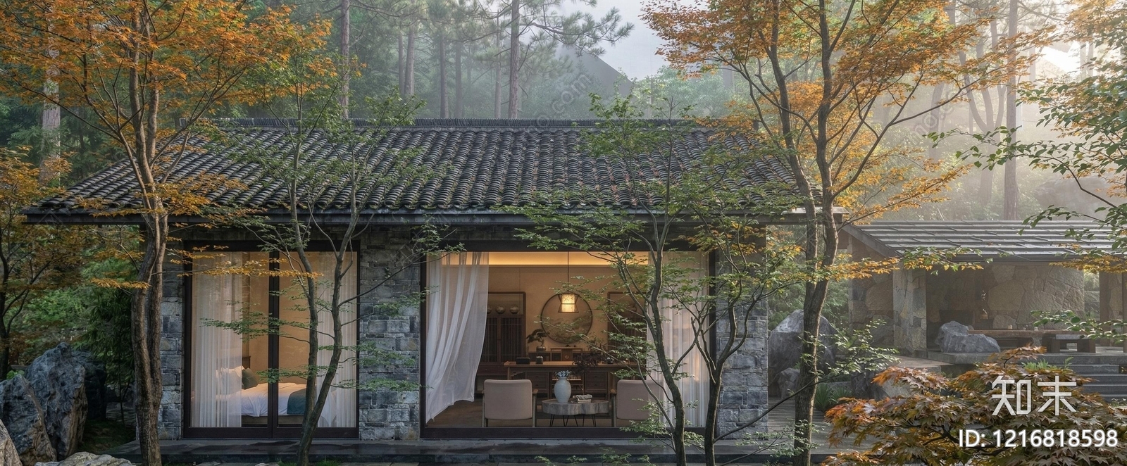 新中式民宿建筑SU模型下载【ID:1216818598】