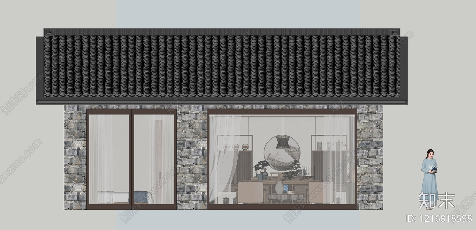 新中式民宿建筑SU模型下载【ID:1216818598】