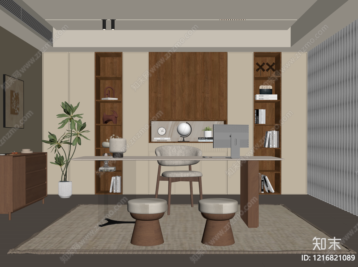 奶油风书房SU模型下载【ID:1216821089】
