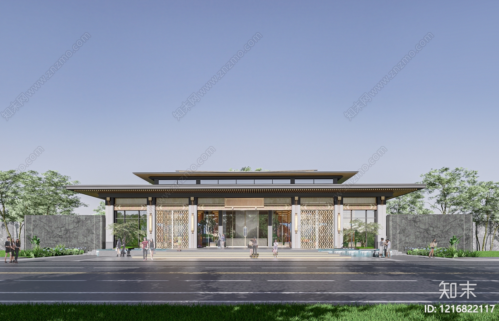 新中式售楼处建筑SU模型下载【ID:1216822117】