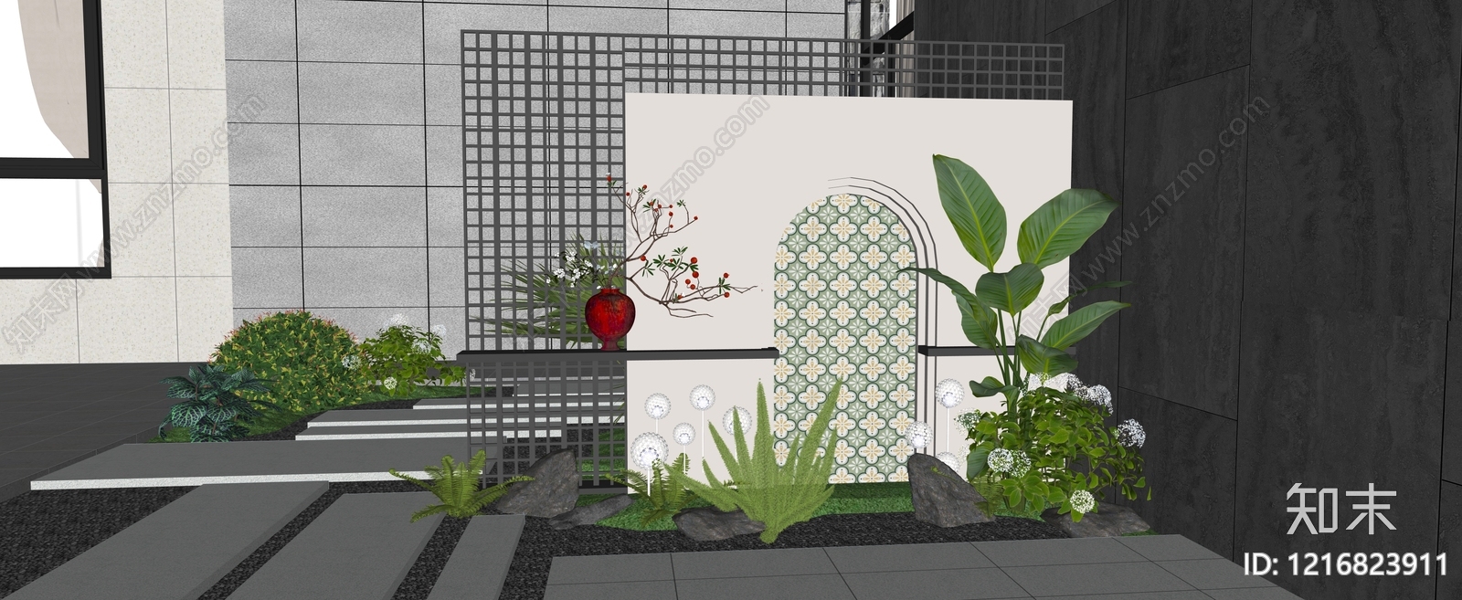 新中式景观景墙SU模型下载【ID:1216823911】