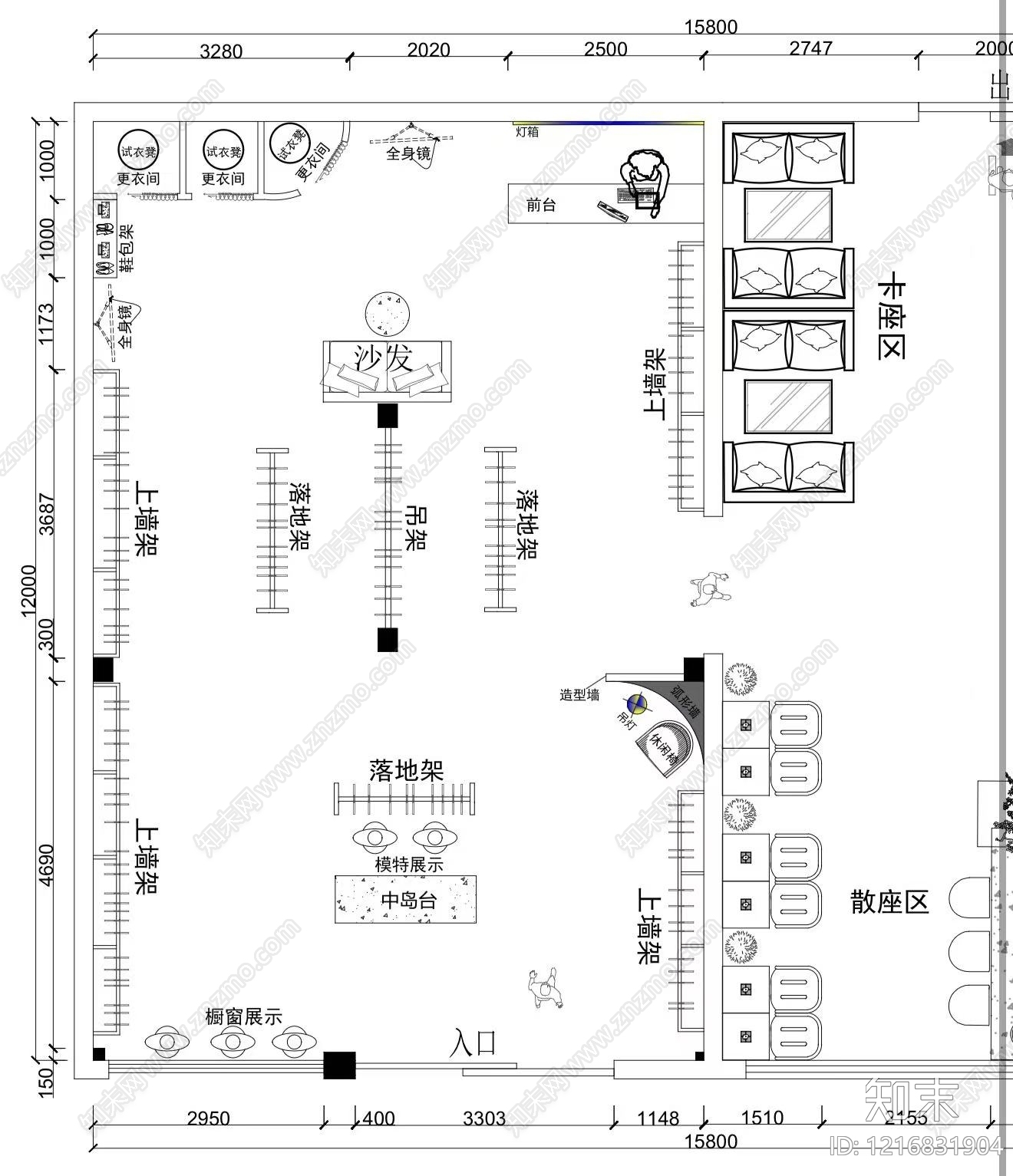 奶油服装店cad施工图下载【ID:1216831904】