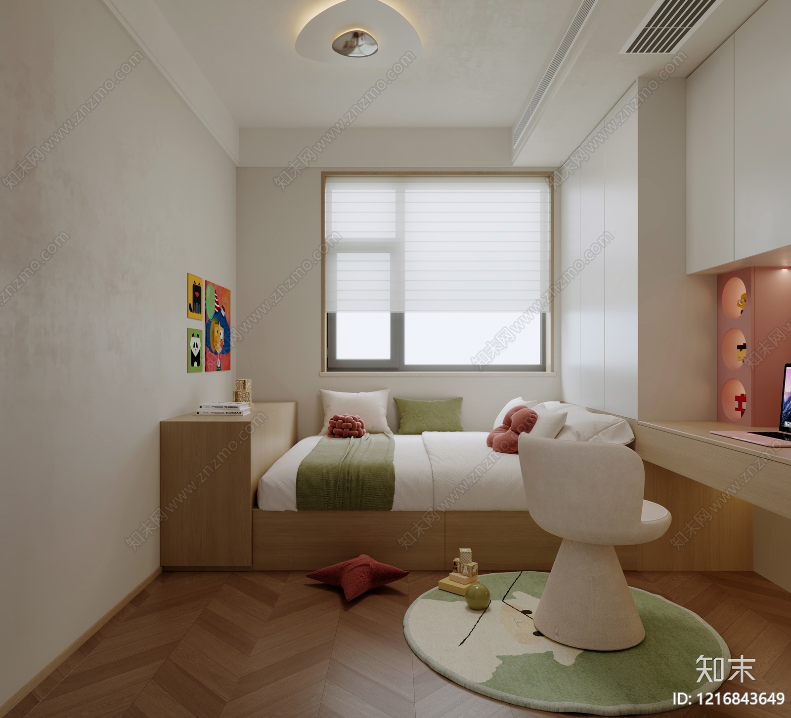 奶油风榻榻米卧室3D模型渲染效果图