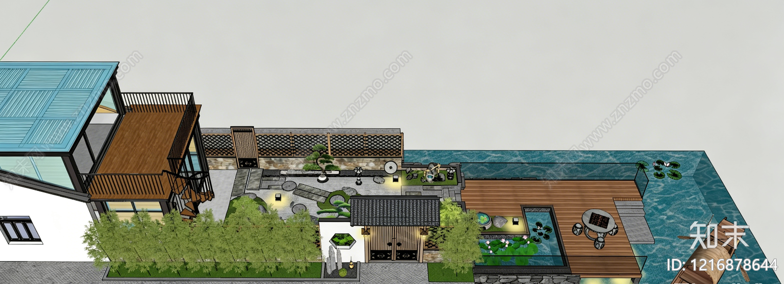 新中式别墅庭院SU模型下载【ID:1216878644】