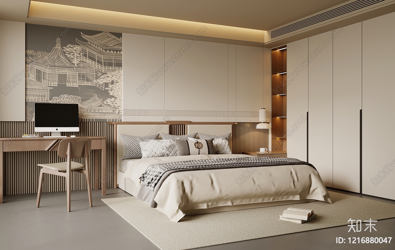 新中式主卧SU模型下载【ID:1216880047】