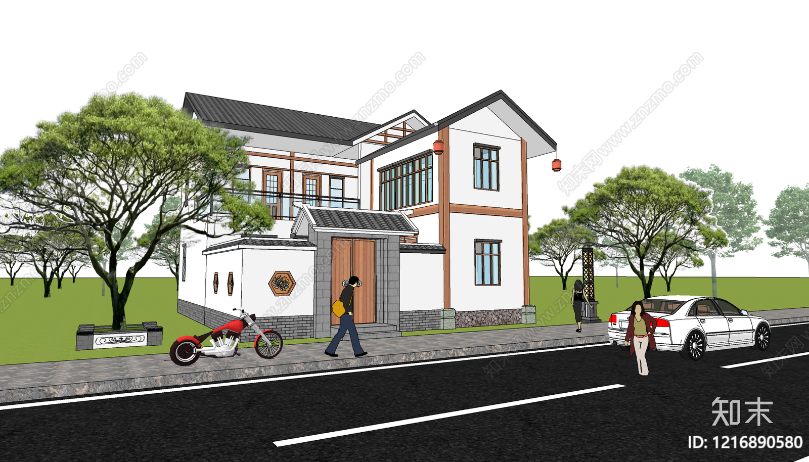 新中式独栋别墅SU模型下载【ID:1216890580】