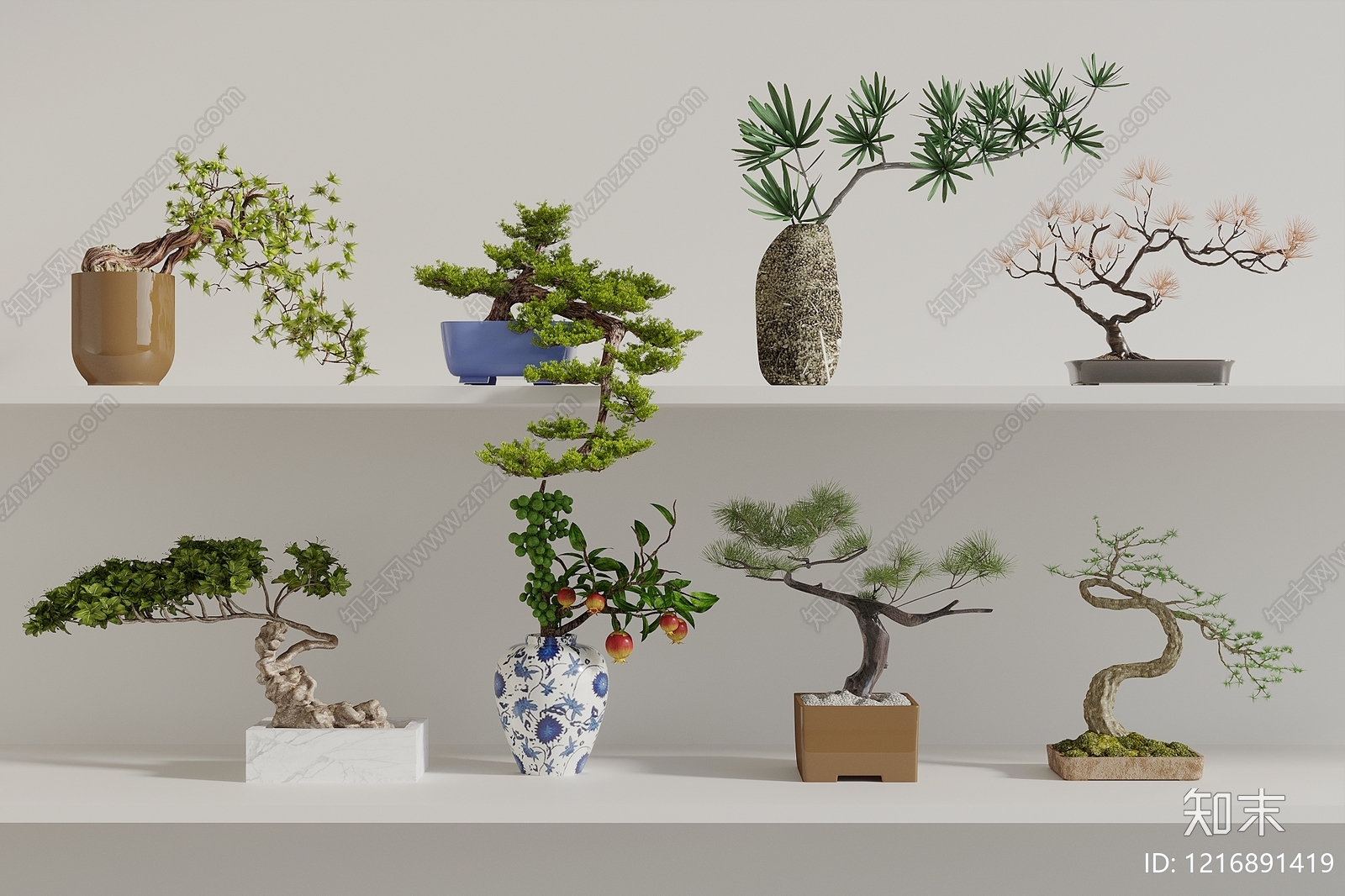 新中式盆景3D模型渲染效果图