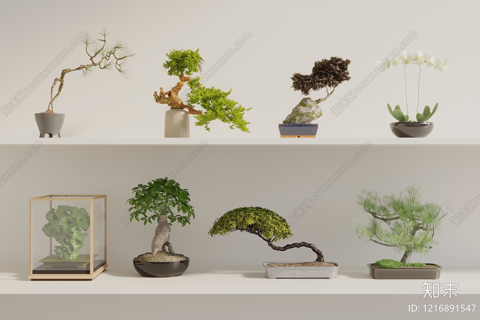 新中式盆景3D模型渲染效果图