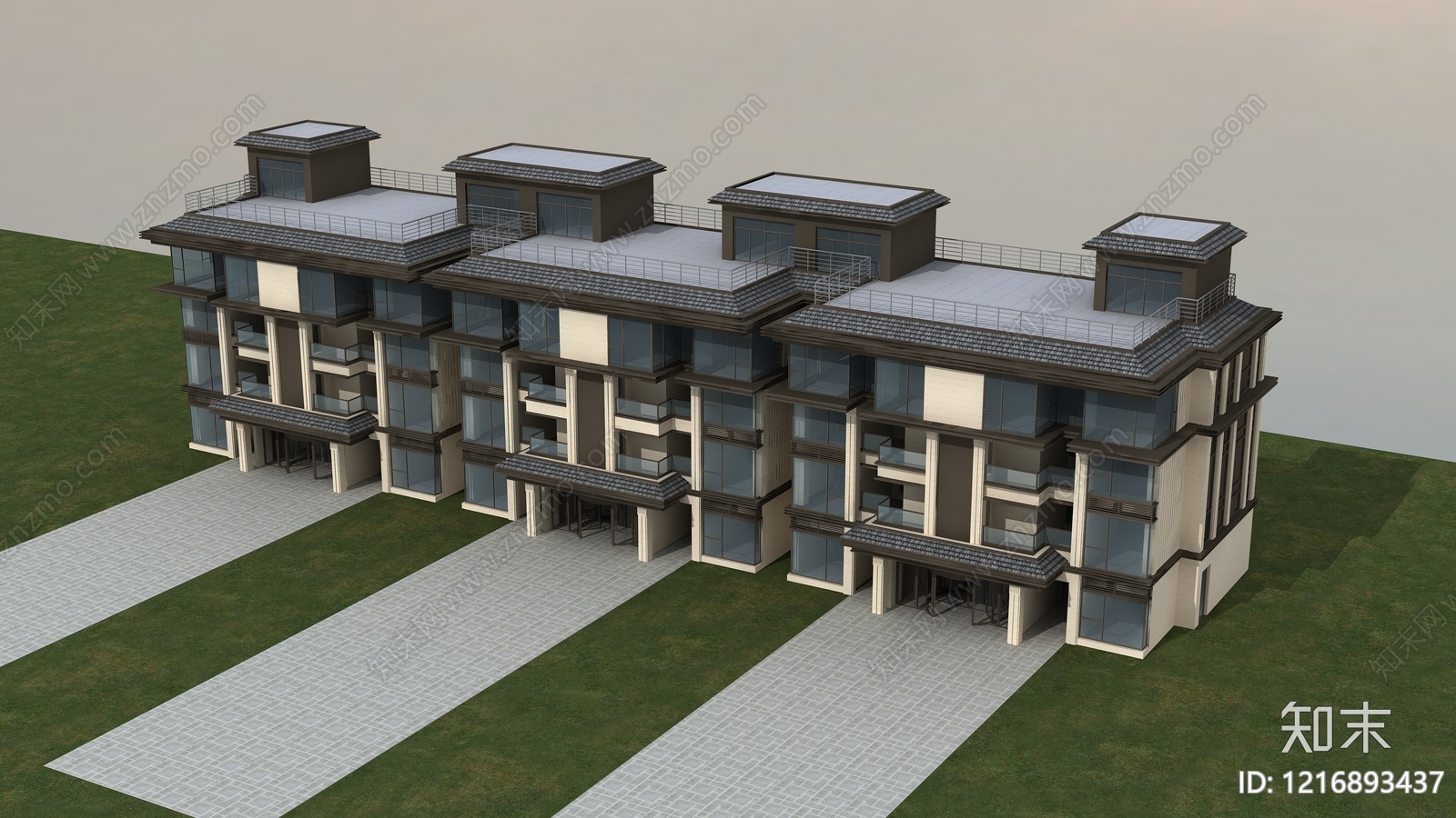 新中式联排别墅3D模型下载【ID:1216893437】