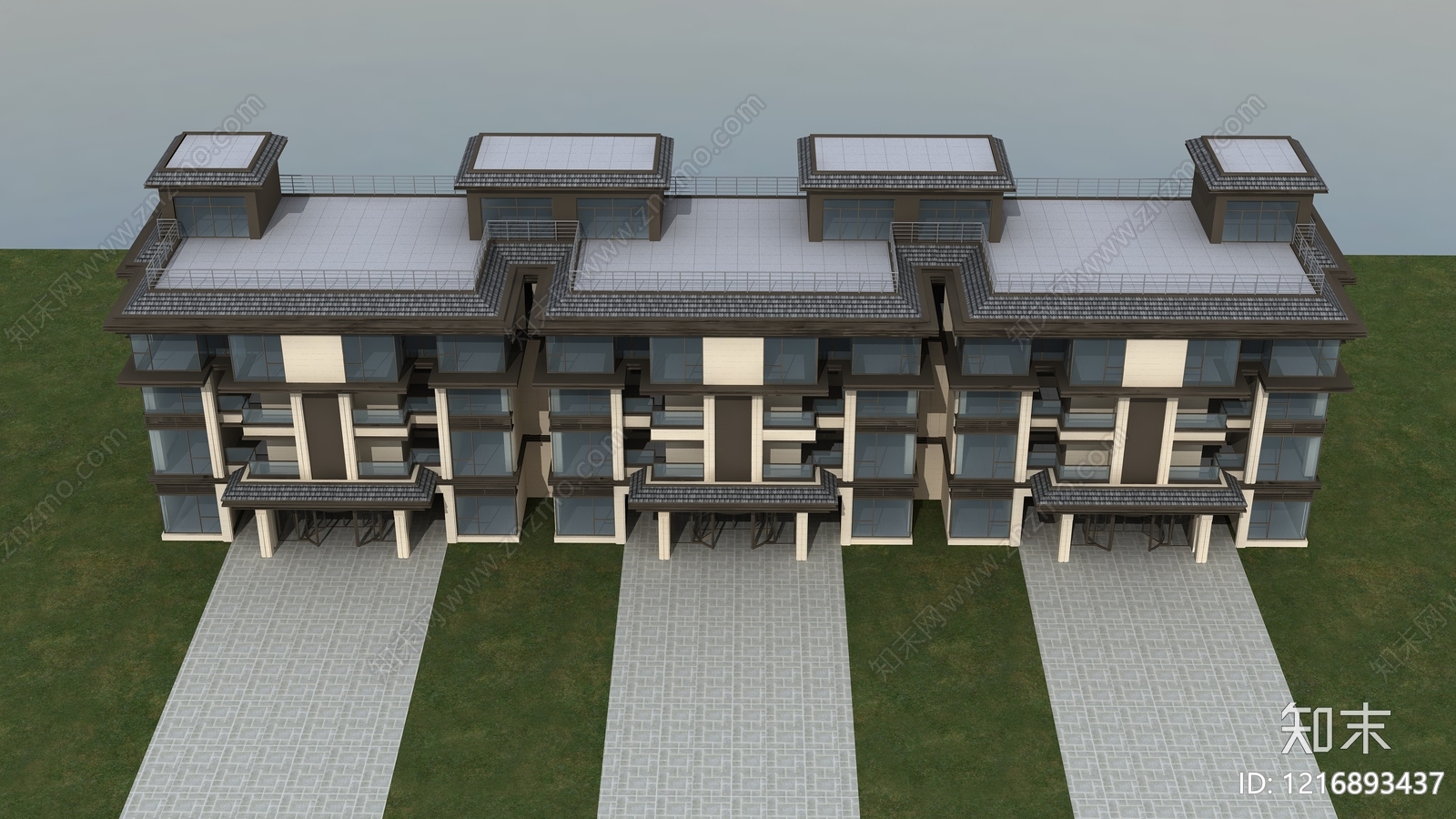 新中式联排别墅3D模型下载【ID:1216893437】