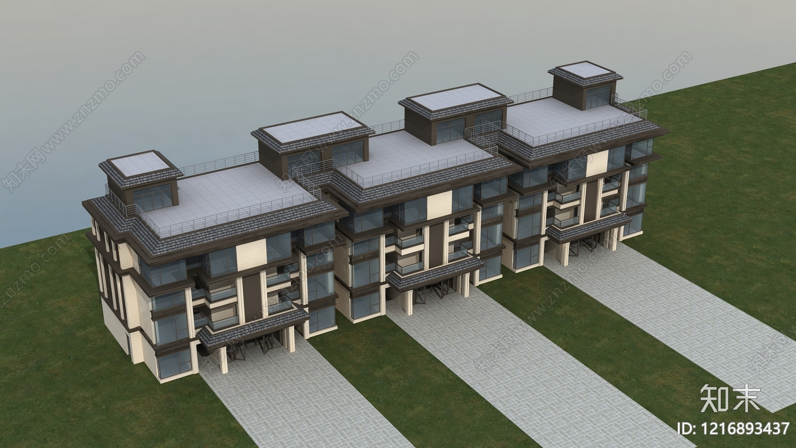 新中式联排别墅3D模型下载【ID:1216893437】
